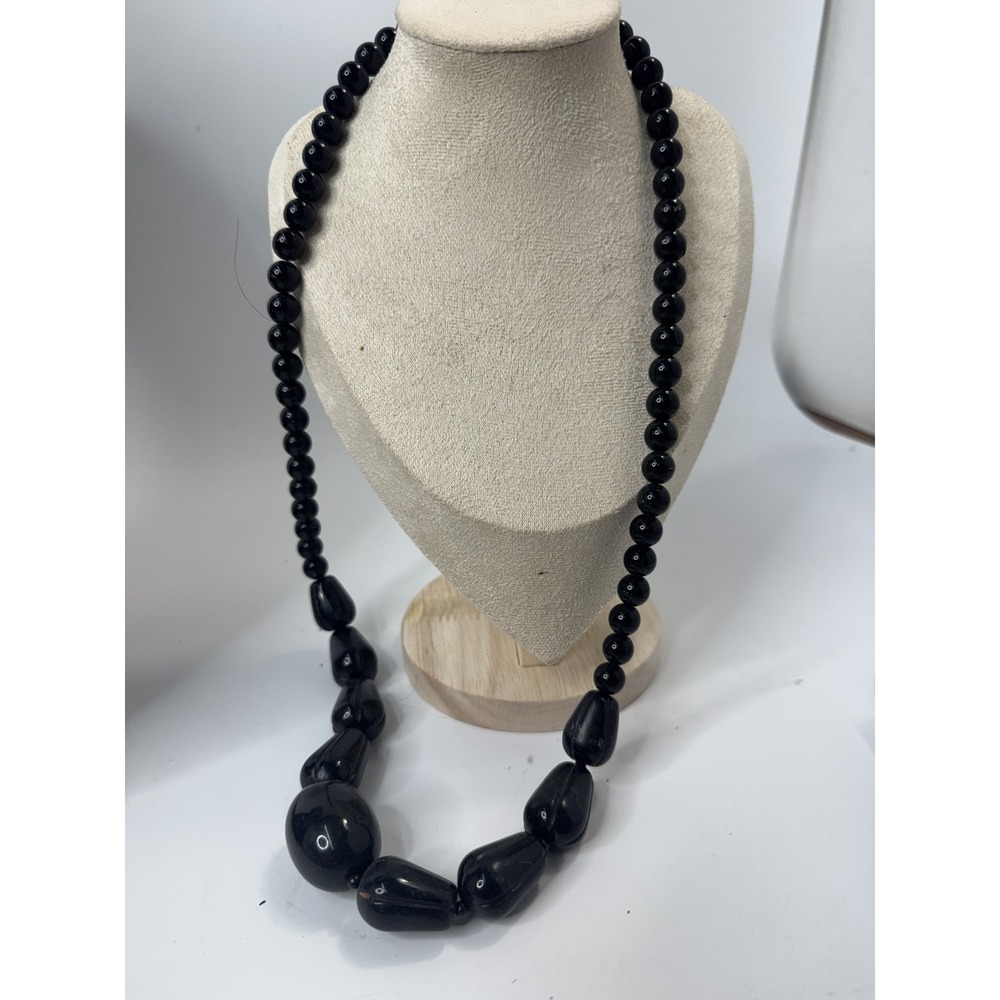 Vintage Black Graduated Beaded Statement Necklace 28.5 Inch Long Bold Glossy